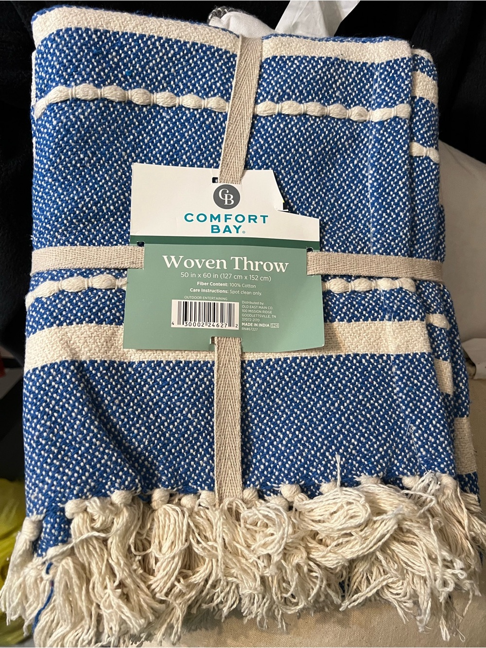 Comfort Bay Blue & Cream Striped Woven Throw